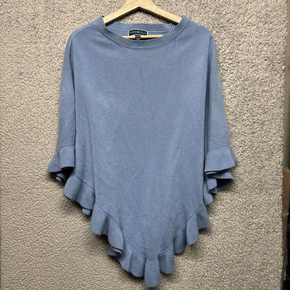 Karen Scott Baby Blue Cape Poncho Sweater With Ruffle PL/PXL.